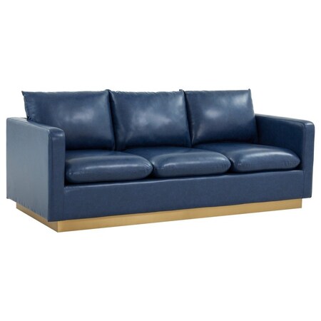Leisuremod Nervo Upholstered Leather Sofa with Gold Frame, Navy Blue NS83BU-L
