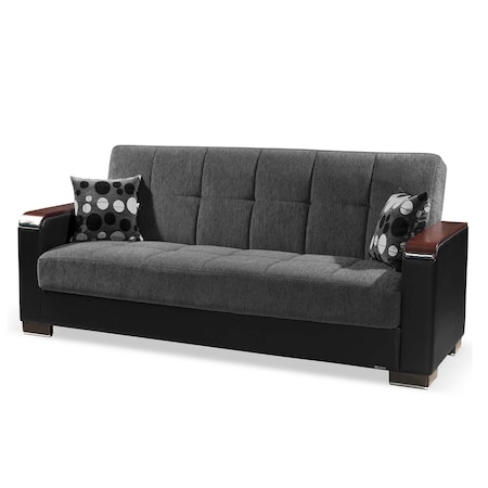 Homeroots 87" Dark Gray And Black Chenille And Faux Leather Sleeper Sofa And Toss Pillows With Brown Legs 607177