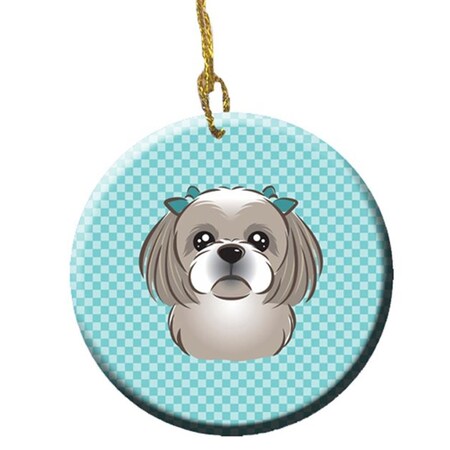 Carolines Treasures Checkerboard Blue Gray Silver Shih Tzu Ceramic Ornament- 2.81 In. BB1188CO1
