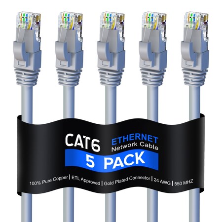 Maximm 5ft Cat6 Pure Copper UTP Ethernet Cable, 5PK, Gray, 5PK CAT6350