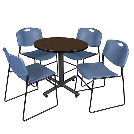 Regency Round Kobe Breakroom Table W/ 4 Zeng Stack Chairs, 30 in W, 30 in L, Neo Walnut TKB30RNDNW44BE