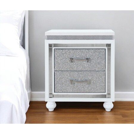 Homeroots 22" White and Silver Two Drawer Faux Crystal Bling Wood Nightstand 564651