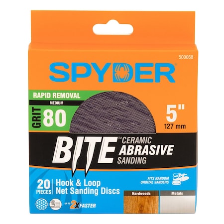 Spyder 5-Inch 80 Grit Ceramic Net Hook and Loop Sanding Discs, 20PK 500068