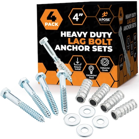 Xpose Safety 4 in Anchor Set, Anchor Lag Shield and Washer for Speed Bump/Wheel Stop on Concrete, 4 Pack CAS4-4-X
