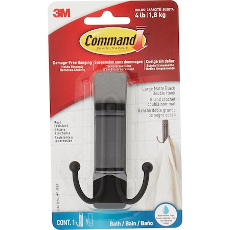 Command Large Double Bath Hook Matte Black 1 Hook 2 Strips BATH36-MB-ESF