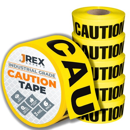 Jrex Safety Caution Tape Roll - 3 Mil - 1000 Ft x 3 Inch Wide Each - Yellow, 6PK PCT-JR-3M-6PK