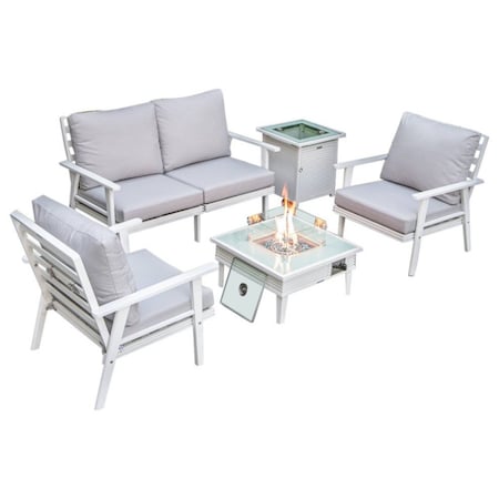 Leisuremod Walbrooke White Patio Conversation, Square Fire Pit with Slats Design & Tank Holder, Light Grey WWS-27-20-57-31-LGR