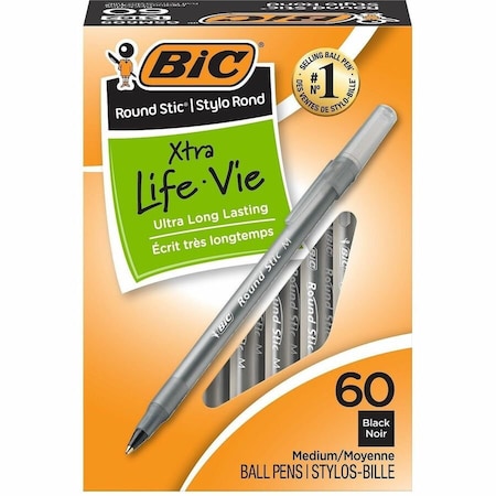 Bic GSM609-BK Round Stic Ballpoint Pen Black Ink Medium Point 1.0 mm 60 per Box GSM609-BK
