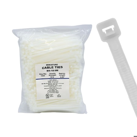 Cable Ties Unlimited Cable Tie, 4 in L, 18 lb Strength, 1 in Max Bundle Dia, Nylon 6/6, Natural, 1000PK M4-18-9M