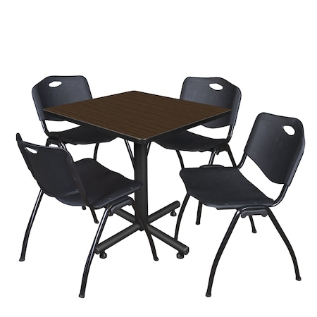 Regency Square Kobe Breakroom Table W/ 4 M Stack Chairs, 30 in W, 30 in L, Neo Walnut TKB3030NW47BK