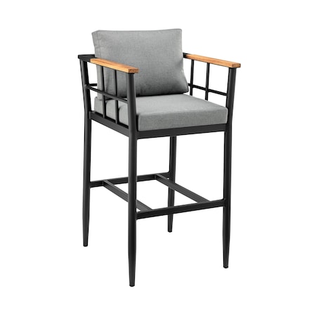 Armen Living Orlando Outdoor Patio Bar Stool in Aluminum and Teak with Gray Cushions LCOOBLGR30