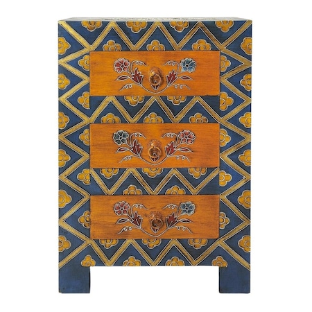 Homeroots 20in Blue and Brown Hand Painted Wood Accent Cabinet With Three Drawers 383195