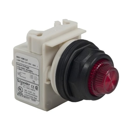 Square D Illuminated selector switch head, Harmony 9001SK, plastic, standard handle, red, 30mm, 3 positions, spring return right to center, 110-120V 9001SK72J1R