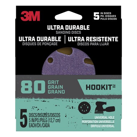 3M Ultra Durable 5 inch Power Sanding Discs, Universal Hole, 80 grit, 5/pk, 20PK DISC5IN5PK80