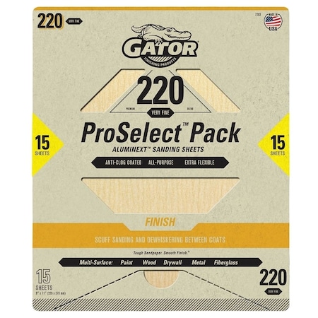 Gator Sanding Sheet, 11 in L, 9 in W, Very Fine, 220 Grit, Aluminum Oxide Abrasive 7283