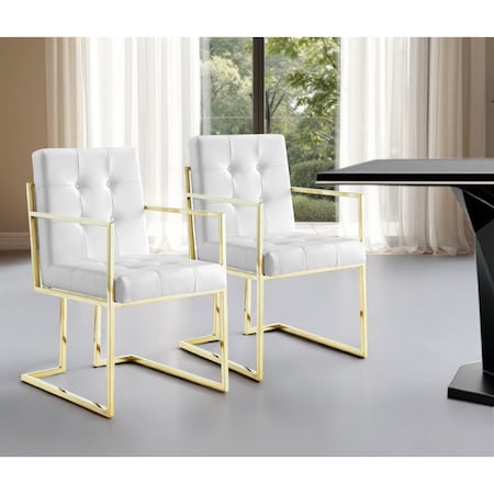 Homeroots Set of Two Tufted White and Gold Upholstered Faux Leather Dining Arm Chairs 543516