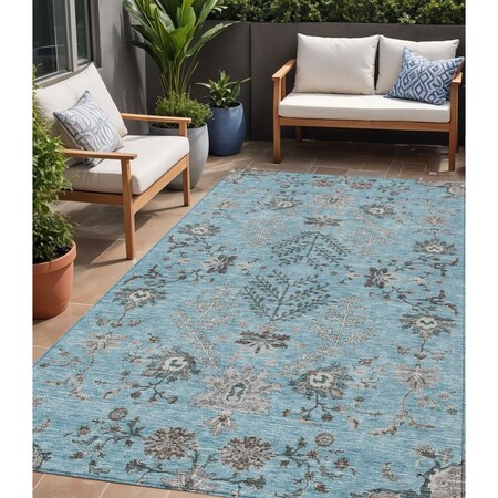 Homeroots 5' X 8' Sky Blue Gray And Charcoal Floral Washable Indoor Outdoor Area Rug 605486