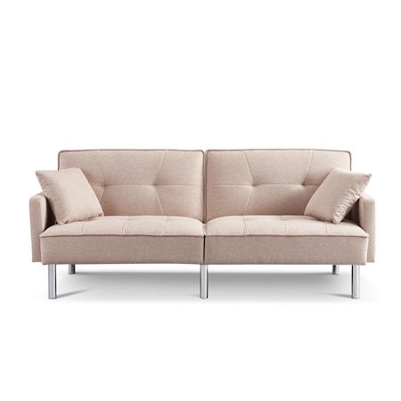 Homeroots 85" Beige Polyester Blend Convertible Futon Sleeper Sofa And Toss Pillows With Silver Legs 544952