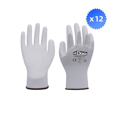 4Dock PU Coated Glove, White/Green, M 12 PK WG004-M