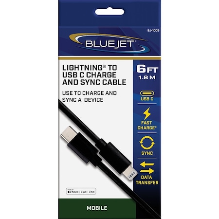 Blue Jet 6 Ft. Black Lightning to Type-C USB Charging & Sync Cable BJ-1005