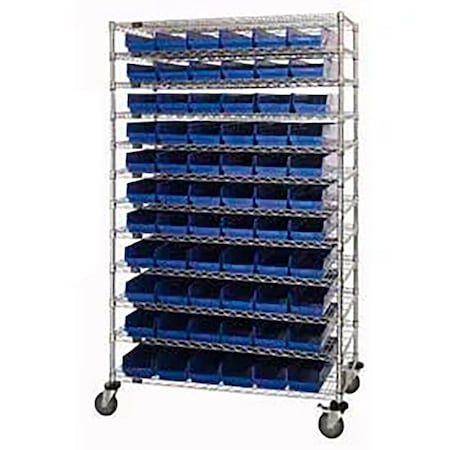 Global Industrial Chrome Wire Shelving with 143 4"H Plastic Shelf Bins Blue, 60x14x74 269040BL