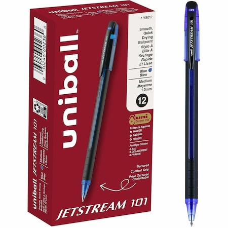 Uniball TM Jetstream 101 Ballpoint Pen, 1mm Medium Pen Point, Blue Ink, Gel-based, Black, Blue, 12PK 1768012