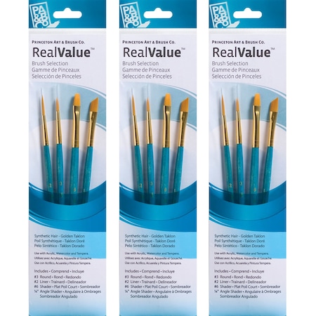 Princeton RealValue Brush Set, Gold Taklon Bristles, Short Handle Mixed Media Paintbrush, 4-Piece Set, 3PK PR9173