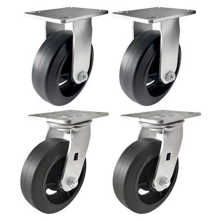 Hyw Products Heavy Duty Caster Set 6in Rubber on Cast Iron Wheels, 2 Rigid & 2 Swivel, 4PK 40-60R-A1-RC-2,40-60S-A1-RC-2