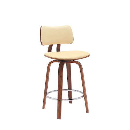 Armen Living Pico 26in Swivel Walnut Wood Counter Stool in Cream Faux Leather with Chrome LCPIBAWACR26