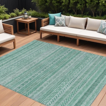 Homeroots 9' X 12' Turquoise And Aqua Striped Washable Indoor Outdoor Area Rug 615384