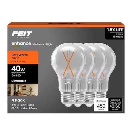Feit Electric Feit Enhance A19 E26 (Medium) Filament LED Bulb Soft White 40 Watt Equivalence 4 pk A1940CL927/FIL4