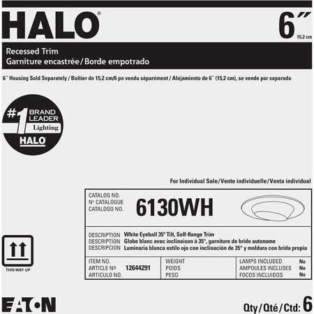 Halo 6'' Wht Self-Flanged Eyeball Recessed Light Trim RE-6130WH