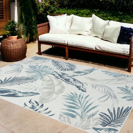 Homeroots 8' X 10' Blue and Serene White Palm Leaf Stain Resistant Indoor Outdoor Area Rug 548909