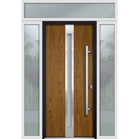 Vdomdoors Steel Door Deux 1744 Natural Oak 2 Sidelight and Transom White Window Stainless Inserts Single Mode DEUX1744EXD-OAKW-W14+36+14xH80+16-LH-O