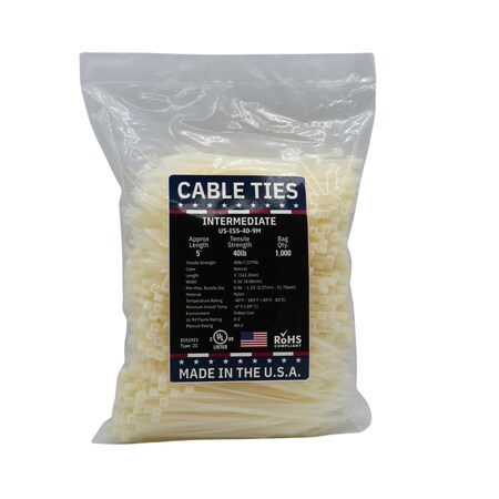 Cable Ties Unlimited Cable Tie, 5.5 in L, 40 lb Strength, 1.4 in Max Bundle Dia, Nylon 6/6, Natural 1000PK US-I55-40-9M