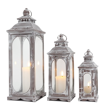 Homeroots Set of Three Clear And Gray Glass And Metal Tabletop Lantern Candle Holders, 3PK 719763
