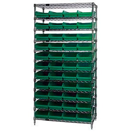Global Industrial Chrome Wire Shelving with 44 4"H Plastic Shelf Bins Green, 36x24x74 268978GN