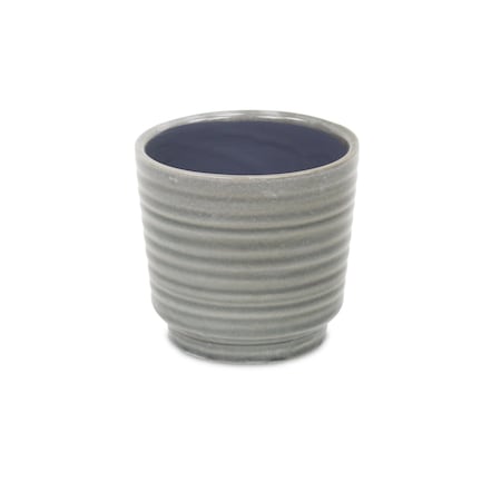 Homeroots Gray Ceramic 23 Ounce Striped Round Distressed Pot Planter 487405