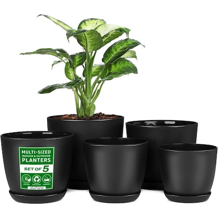 Lifemaster Plant Pots with Multi Drainage Holes, Sturdy Plastic, Stackable, Indoor/Outdoor, Black, 5PK LMFLOPBLK55