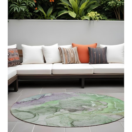 Homeroots 8' Round Green Round Abstract Washable Non Skid Indoor Outdoor Area Rug 559182