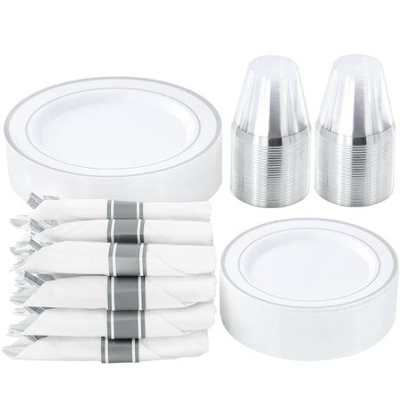 Elama 350 Piece Disposable Plastic Dinnerware Party Set for 50 Guests in White with Silver Trim 750123347M