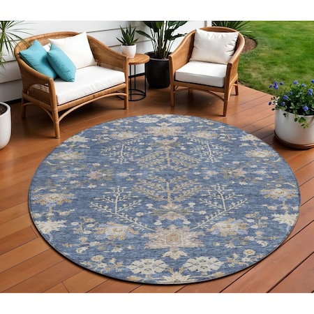 Homeroots 8' Blue Brown And Beige Round Floral Washable Indoor Outdoor Area Rug 605457