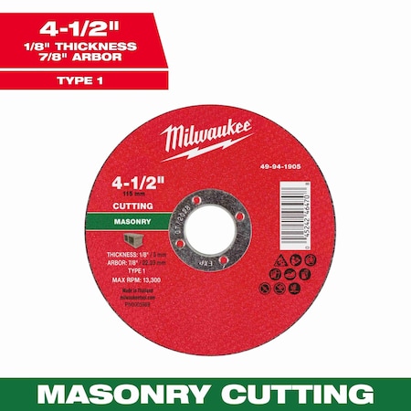 Milwaukee Tool Cut-Off Wheel, 7/8" Sz, 4 1/2" dia. 49-94-1905