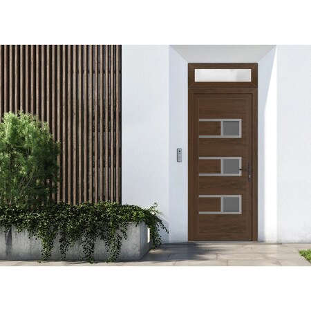 Vdomdoors Front Exterior Prehung Metal-Plastic Door, Manux 8933 Walnut, Top Sidelite Transom, Office Commerci MANUX8933EXD-WLN-W36xH80+14-LH