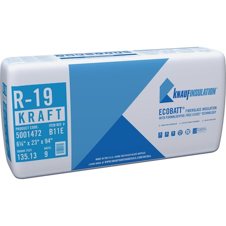 Knauf R-19 23''x94'' Kraft Faced Batt Fiberglass Insulation, 9 Count B11E