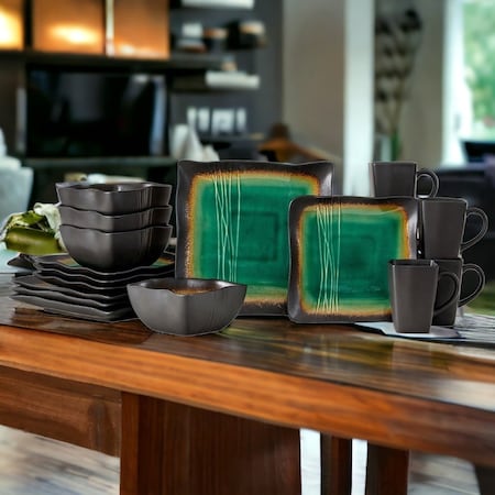 Homeroots Green and Black Sixteen Piece Square Abstract Ceramic Service For Four Dinnerware Set 534531