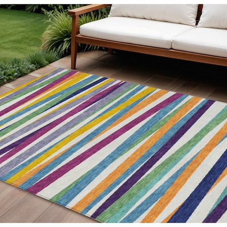 Homeroots 8' X 10' Blue Green And Copper Striped Washable Indoor Outdoor Area Rug 597370