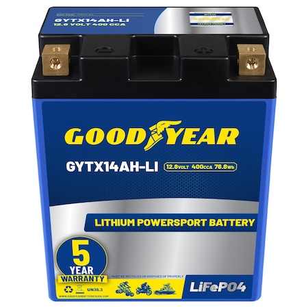 Goodyear GYTX14AH-LI Lithium LiFePO4 12.8V 400CCA Powersport Battery with Smart BMS Replacement GY4148420