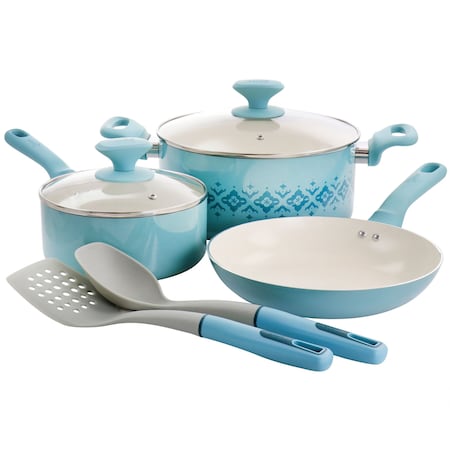 Spice By Tia Mowry Savory Saffron 7 Piece Nonstick Aluminum Cookware Set with Utensils in Light Blue 96286.07RR