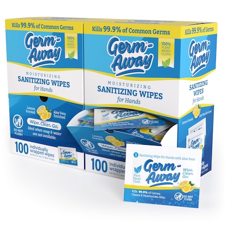 Germ-Away Sanitizing Hand Wipes Sachets 100ct Gravity Dispenser, 200 Antiseptic Wipes, Plant-Based Cloth, 2PK GA72307SSDB-2